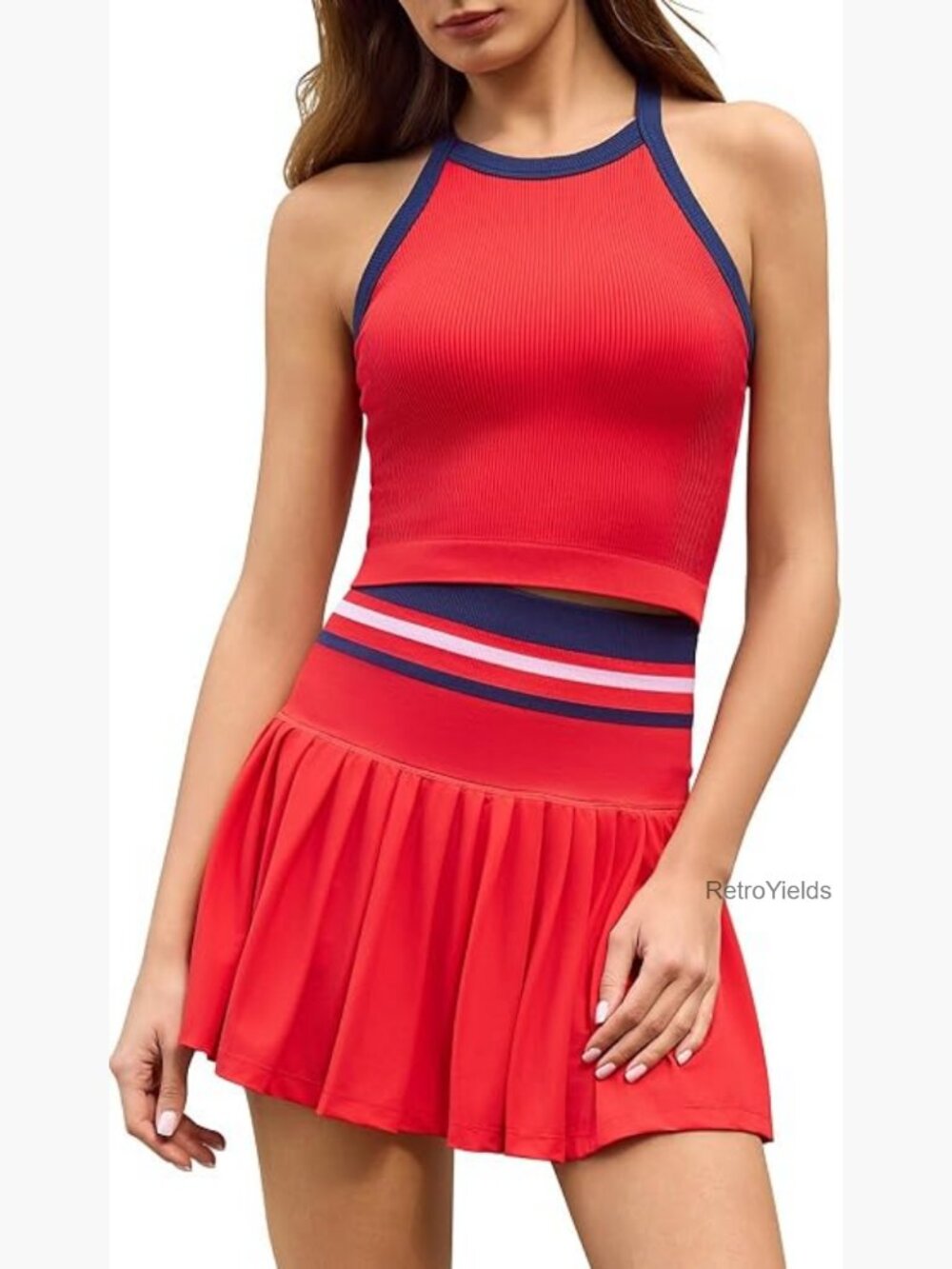 High Waisted Pleated Tennis Skirt Set with Shorts and Padded Tank Top 2 Piece